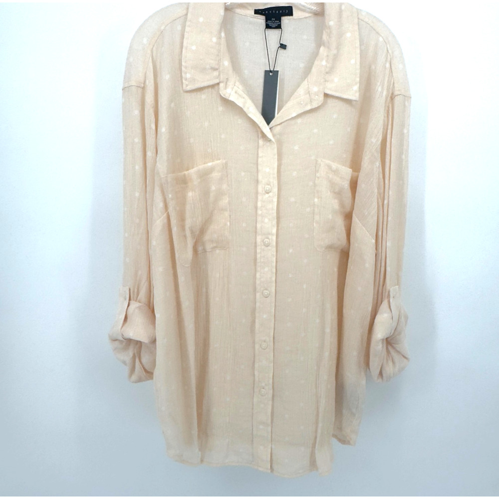 Sanctuary Boyfriend Shirt Womans Plus 2X Pink White Polka Dot Roll Tab Sleeves